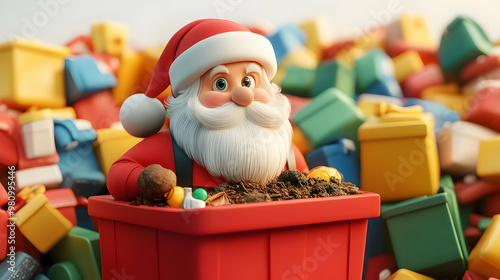 3D Santa's Composting Station Concept: Playful Cartoon Design with Vibrant Colors & Space for Promo Text on Isolated White Background