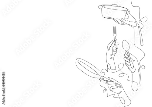 Vertical illustration with people hands holding various utensils isolated on white background. Continuous line drawing style. Culinary poster. Minimalistic Vector illustration on cooking theme.