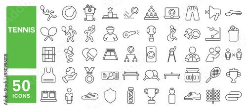 Set of 50 line icons related to tennis, racket, court, ball, playing, player, swing, trophy, competition, athletic, board, forehand, padel, Editable stroke. Vector illustration