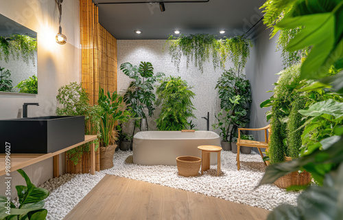 A modern bathroom with plants and natural elements, creating an eco-friendly atmosphere. The space is filled with greenery like a monstera plant in pots or hanging from the ceiling, adding to its sust photo