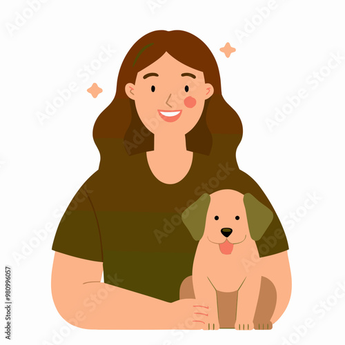 A woman is holding a dog. The dog is brown and white. The woman is smiling