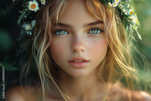 Beautiful portrait of young woman in forest