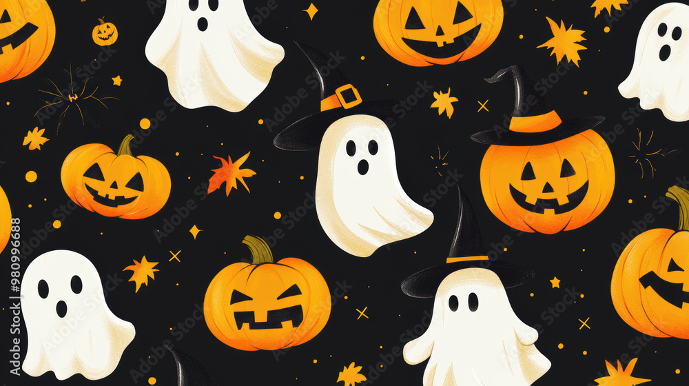 Halloween themed background with pumpkins and ghosts creates festive atmosphere Halloween themed background with pumpkins and ghosts creates festive atmosphere