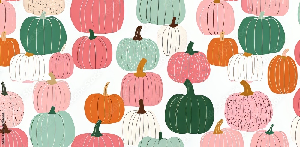 Fototapeta premium Colorful collection of pumpkins in various shapes and shades for autumn decor.