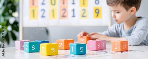 Learning Numbers in Early Education represented by colorful number blocks arranged on a table with a large number chart on the wall behind