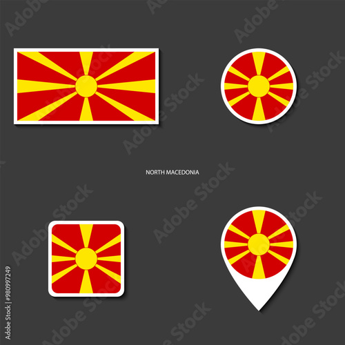 North Macedonia flag icon set in different shape (rectangle, circle, square and marker icon) on dark grey background. North Macedonia sticker flag collection on barely dark background.	
