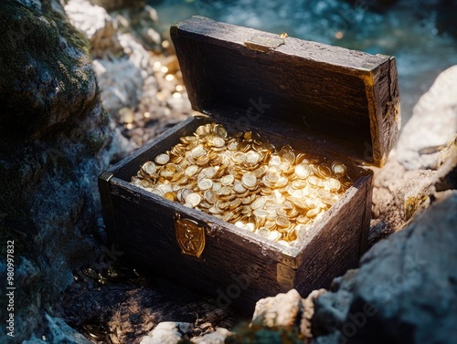 Wooden Chest Filled with Gold Coins