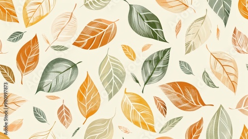 This leaf pattern features a combination of hand-drawn and stylized leaves in a repeating layout.