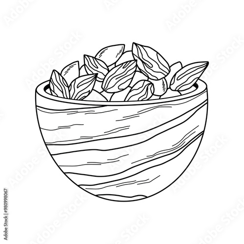 wooden cup full of almond nut without shell, hand drawn doodle illustration on white background