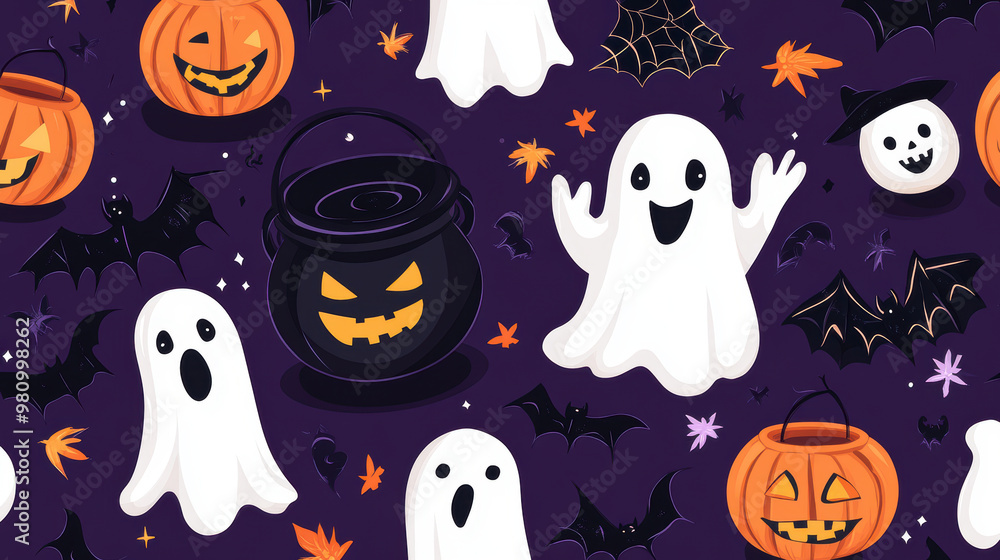 Colorful Halloween pattern with ghosts, pumpkins, and bats creating festive vibe Colorful Halloween pattern with ghosts, pumpkins, and bats creating festive vibe