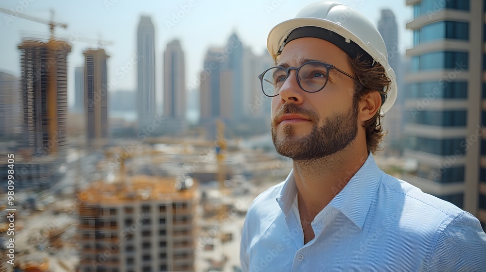 Caucasian engineer and architect show construction progress to Middle Eastern capitalist, with Asian translator and major construction site behind them Caucasian engineer and architect show construction progress to Middle Eastern capitalist, with Asian translator and major construction site behind them