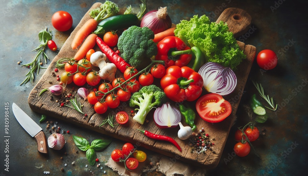 Rustic Wooden Cutting Board with Fresh Colorful Vegetables Ready for Cooking Rustic Wooden Cutting Board with Fresh Colorful Vegetables Ready for Cooking