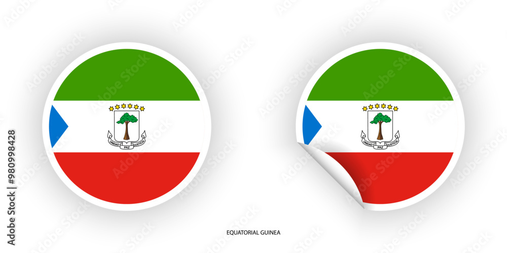 Equatorial Guinea sticker flag icon set in circle shape and circular shape with peel off on white background.	