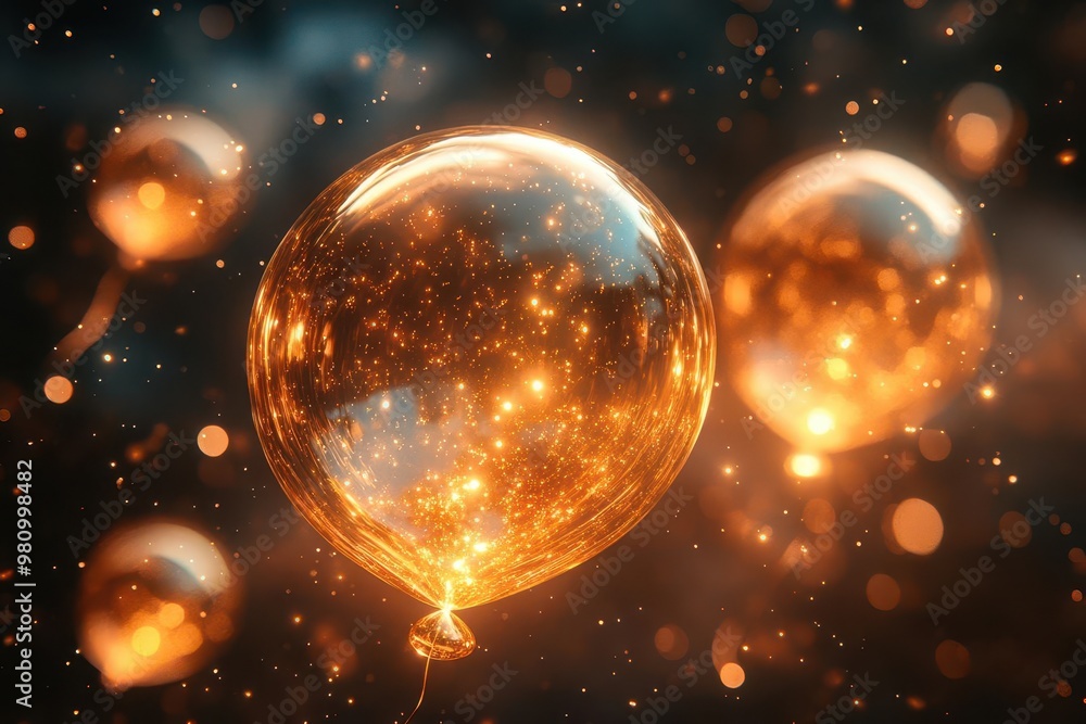 surreal golden balloon galaxy swirling in cosmic void each balloon reflecting miniature universes dreamy and ethereal atmosphere surreal golden balloon galaxy swirling in cosmic void each balloon reflecting miniature universes dreamy and ethereal atmosphere
