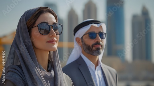 Asian translator assisting Caucasian engineer and architect as they present to Middle Eastern capitalist, large construction project in the background