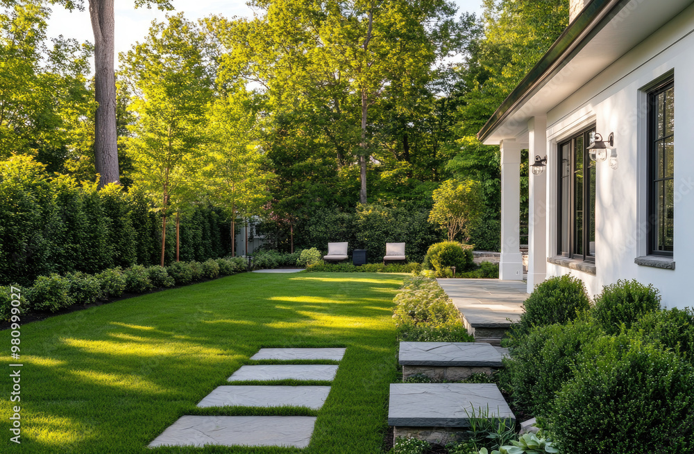 A side view of the backyard with green grass, small white stones on the lawn leading to the front door and white walls, garden bushes, trees, house exterior A side view of the backyard with green grass, small white stones on the lawn leading to the front door and white walls, garden bushes, trees, house exterior
