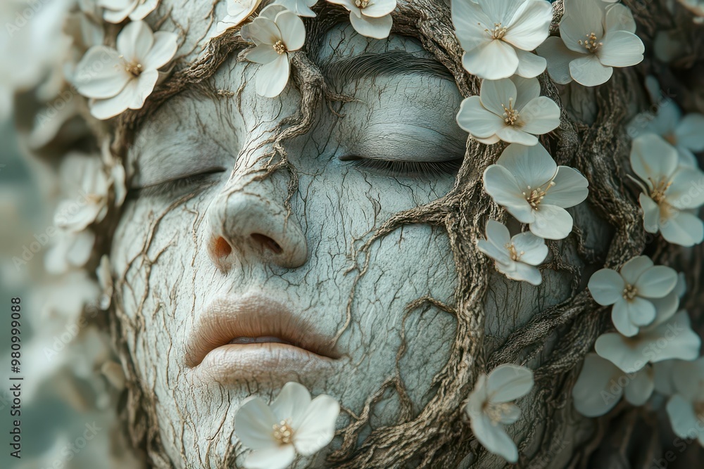 surreal portrait merging human face with blooming tree flowers and ...