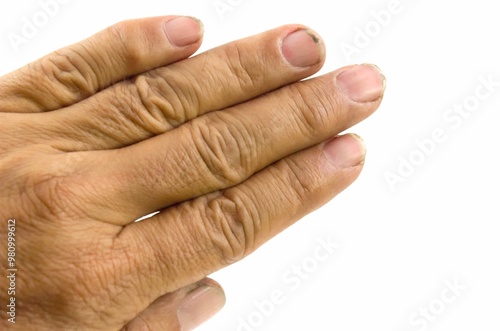 Male hands with dirty nails on white background photo