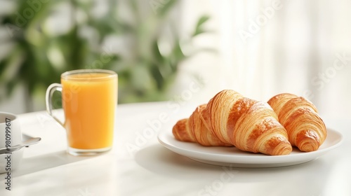 Croissants and juice on white table, simple breakfast scene, 3D illustration photo