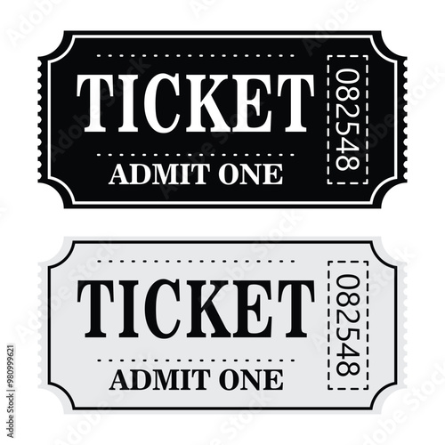 Retro ticket design template. Admit one. Tickets for cinema, movie, circus, carnival, film, festival, etc. Vector illustration. Black and white ticket vector eps 10 isolated on white background.