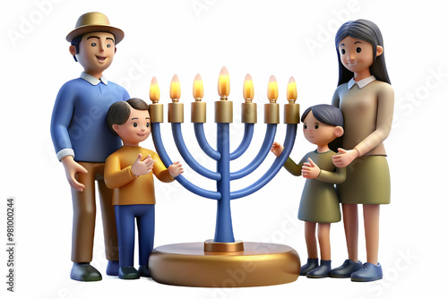 Heartwarming Candid Photo of Family Lighting Menorah Outdoors for Hanukkah Evening Celebration - Serene and Spiritual Scene with Glowing Candles photo