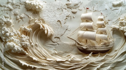 Intricate paper art depicting a pirate journey around the world, with detailed waves, ships, and maps bringing the adventure to life.