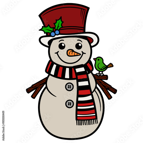 Adorable Snowman with Striped Scarf and Holly-Trimmed Hat