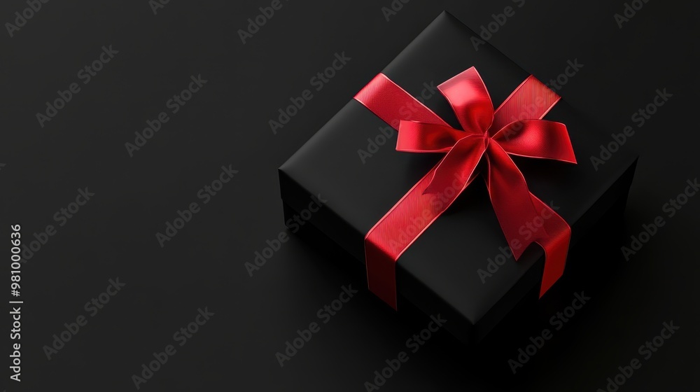 Black gift box with red ribbon, sleek design, 3D illustration Black gift box with red ribbon, sleek design, 3D illustration