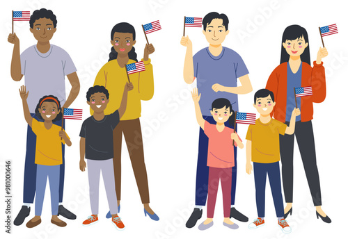 African and Asian immigrant families holding american flags