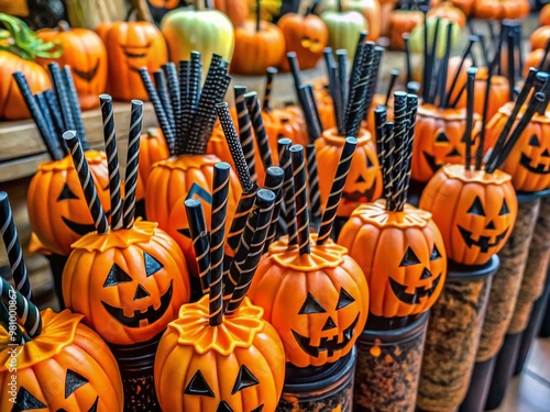 Spooky black and orange straws with jack-o-lanterns and cobwebs adorn a colorful Halloween display at a festive photo