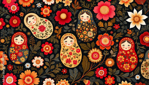 Matryoshka dolls and flowers on a black background