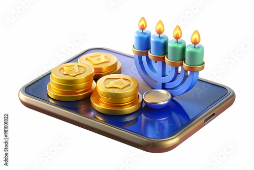 Glossy Smartphone with Holographic Hanukkah Coins & Star of David - Modern Display, Ample Copy Space for Promotions, Isolated on White Background photo