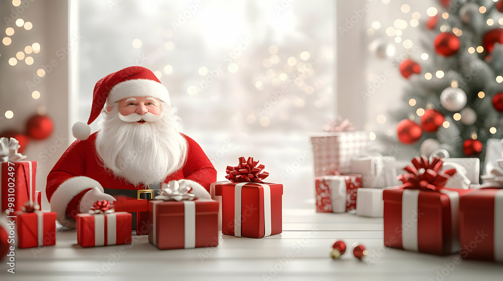 3D Santa's Gift Wrapping Station Concept: Showcase Santa Wrapping Gifts with Glossy Paper and Ribbons, Featuring Scenic Background Space for Text 3D Santa's Gift Wrapping Station Concept: Showcase Santa Wrapping Gifts with Glossy Paper and Ribbons, Featuring Scenic Background Space for Text