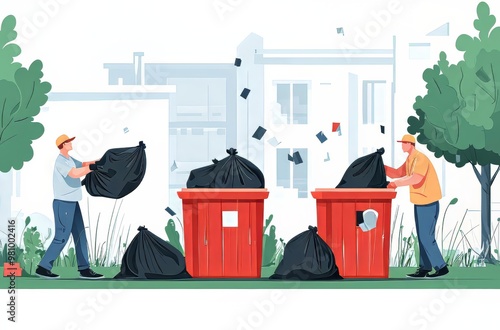 Two men disposing of trash in red bins in a vibrant park setting. photo