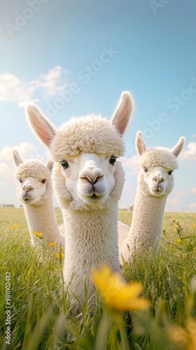 A playful group of alpacas munching on fresh grass, with one alpaca stopping to look curiously into the camera, surrounded by a sunlit meadow of tall grasses.