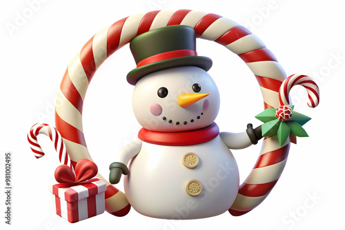 3D Snowman and Candy Cane Border for Festive Promotions - Fun Holiday Frame with Copy Space for Banners and Ecommerce Campaigns on White Background