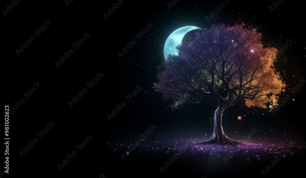A colorful holographic tree with moon on a black background with bokeh sparkles. A colorful holographic tree with moon on a black background with bokeh sparkles.