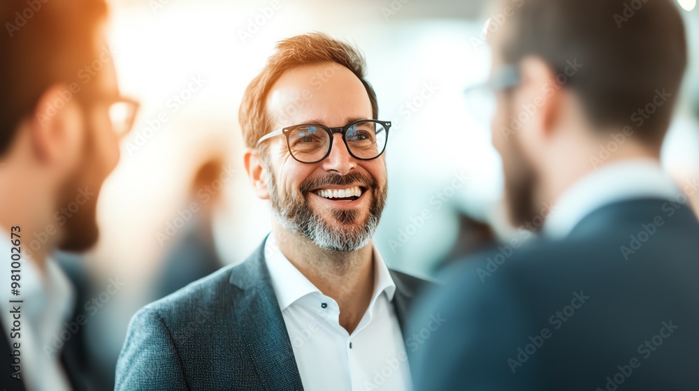 A smiling man in glasses engages in a lively conversation with two others, creating a warm, professional atmosphere. A smiling man in glasses engages in a lively conversation with two others, creating a warm, professional atmosphere.