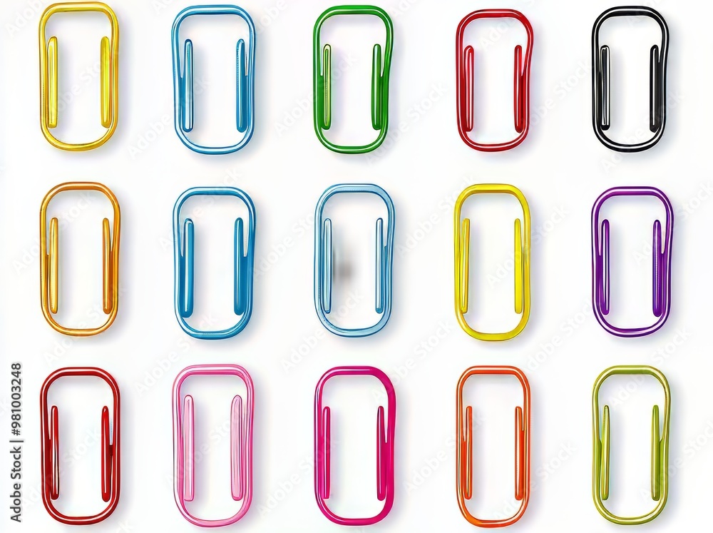 Colorful paperclips arranged in a grid pattern, showcasing vibrant hues. Colorful paperclips arranged in a grid pattern, showcasing vibrant hues.