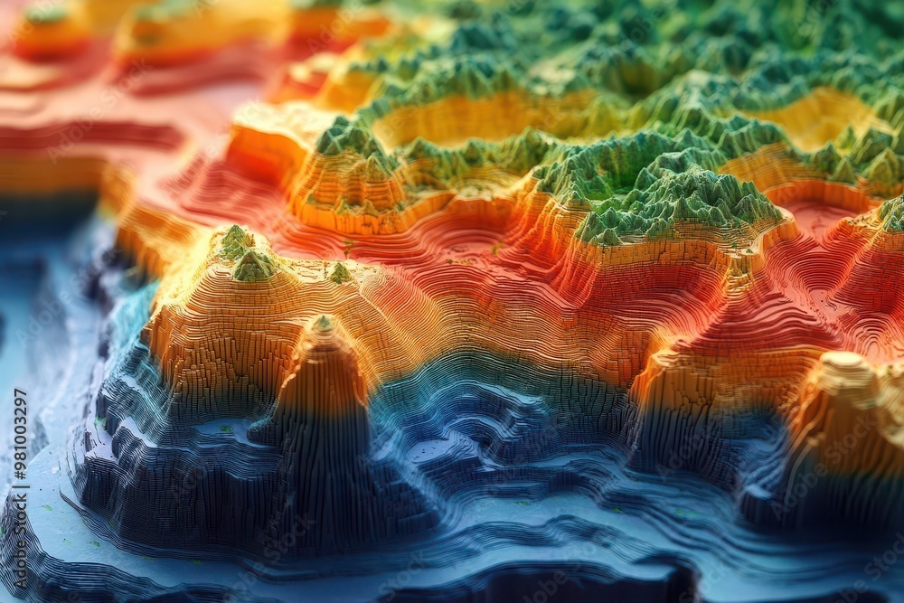 topographic relief map with intricate contour lines and trails rendered ...