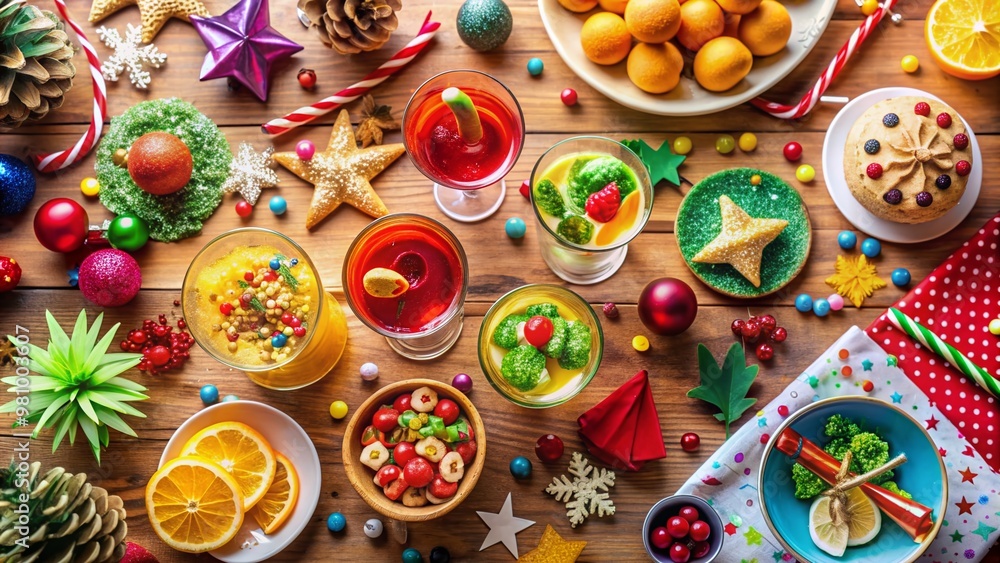 Fototapeta premium Vibrant and colorful festive holiday party flat lay with cocktails, appetizers, confetti, and party hats scattered on a decorated table, ready for celebration.