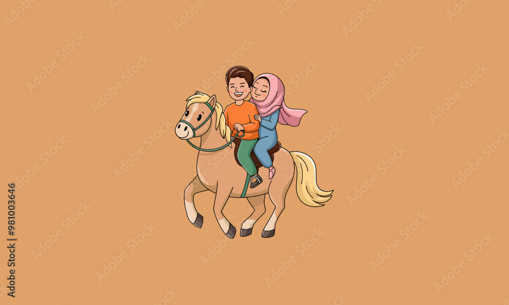 Couple riding a horse together in a joyful outdoor scene Couple riding a horse together in a joyful outdoor scene