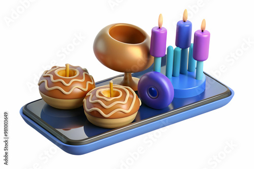 3D Glossy Smartphone with Holographic Hanukkah Coins & Star of David - Modern Device Isolated on White Background with Copy Space for Promotions photo