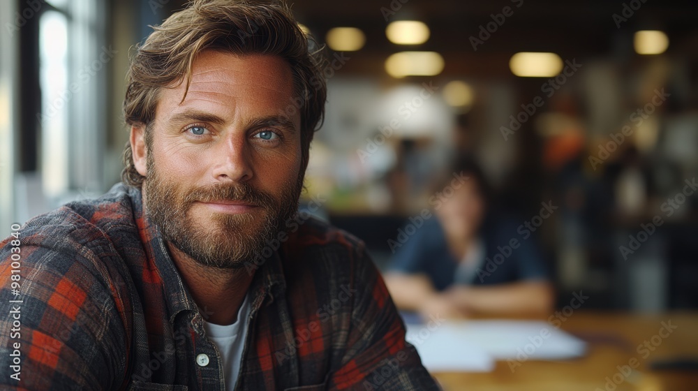 A man with a beard and blue eyes wearing a plaid shirt sits in a well-lit room, with blurred lights and another person in the background A man with a beard and blue eyes wearing a plaid shirt sits in a well-lit room, with blurred lights and another person in the background