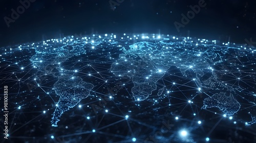 Global network connection analysis with dynamic lines and nodes representing worldwide data exchange