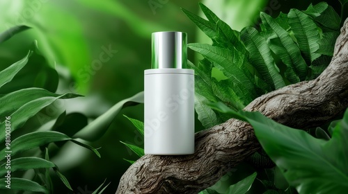 A sleek skincare product mockup balanced on a twisted tree branch, surrounded by lush greenery, symbolizing natural beauty and eco-friendly skincare. photo