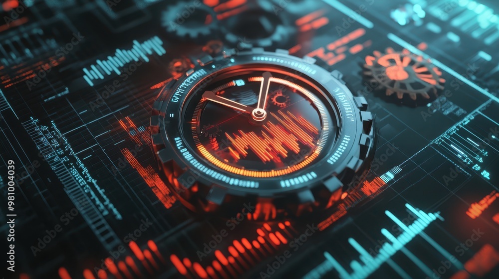 Abstract clock with gears and charts, symbolizing business time management, 3D illustration Abstract clock with gears and charts, symbolizing business time management, 3D illustration