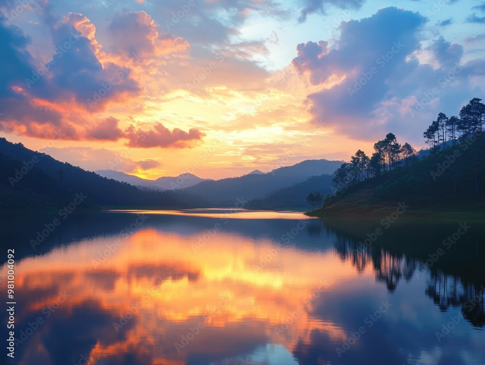 Fototapeta premium Lake and Mountain at Sunset