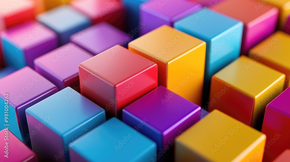 Colorful three-dimensional cubes with prominent edges, arranged in a dynamic geometric pattern that adds visual depth and perspective Colorful three-dimensional cubes with prominent edges, arranged in a dynamic geometric pattern that adds visual depth and perspective