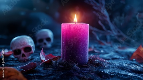 A spooky candle mockup glowing in the dark, surrounded by skulls and flickering lights, perfect for Halloween decor or product launches.